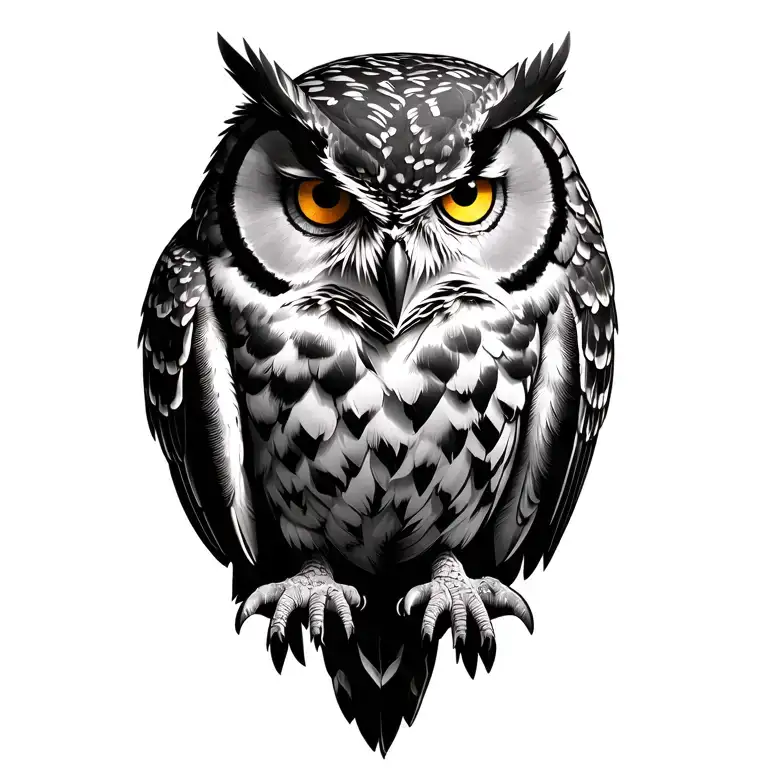 great horned owl sitting, golden eyes looking tattoo design idea