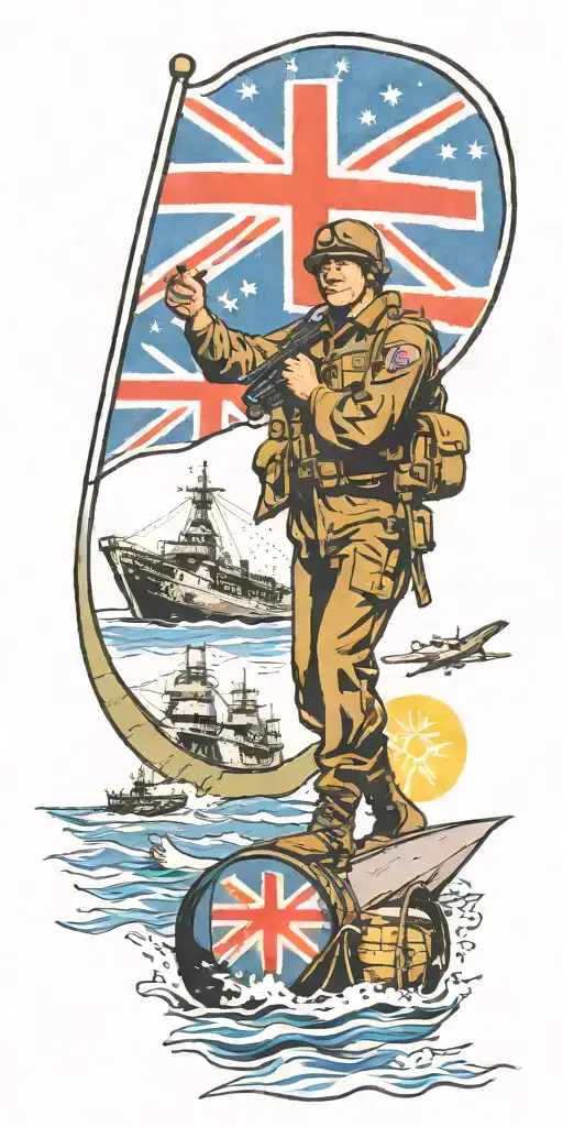war soldier with Australian flag and boats and planes tattoo design idea