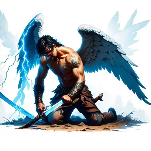 male angel warrior kneeling face down with a sword in the ground and lightning behind him tattoo design idea