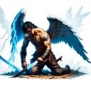 male angel warrior kneeling face down with a sword in the ground and lightning behind him tattoo design idea