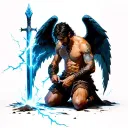 male angel warrior kneeling face down with a sword in the ground and lightning behind him tattoo design idea