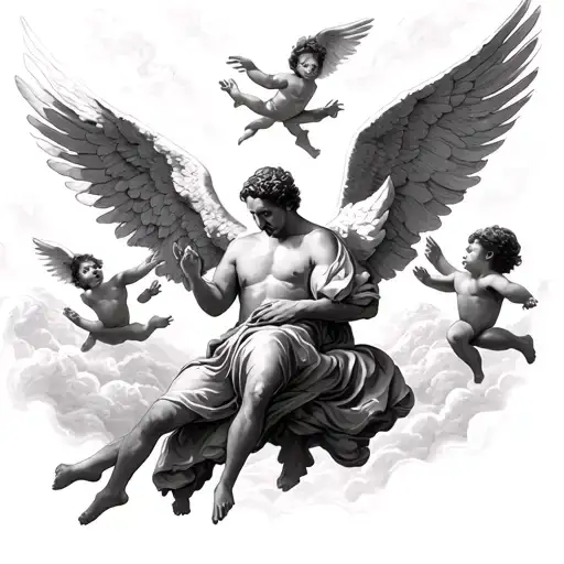 dad in heaven looking down at son with angels flying tattoo design idea