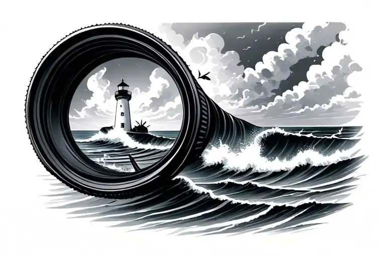  light house sea waves crashing in the background looking through lens tattoo design idea