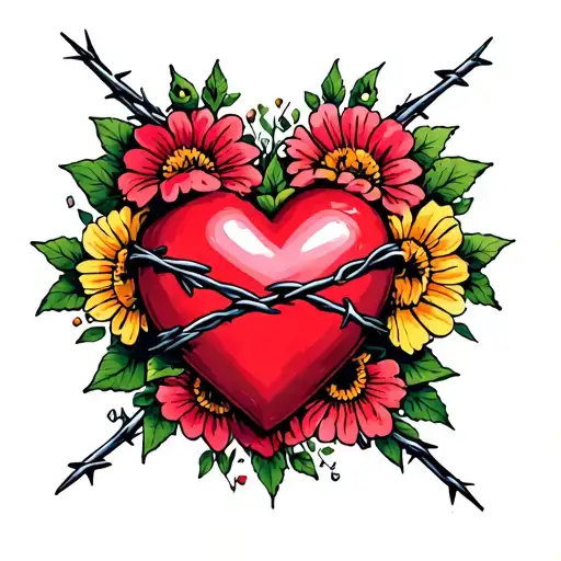 heart surrounded by flowers and crossed with barbed wire tattoo design idea
