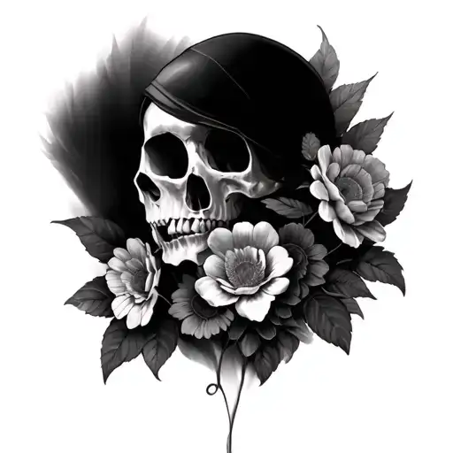 Dead and flowers under breasts tattoo design idea