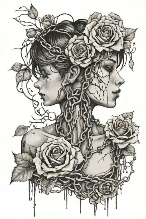 Silhouette of a girl with short hair, bare chest, roots growing out of chains, roses, decaying flesh tattoo design idea