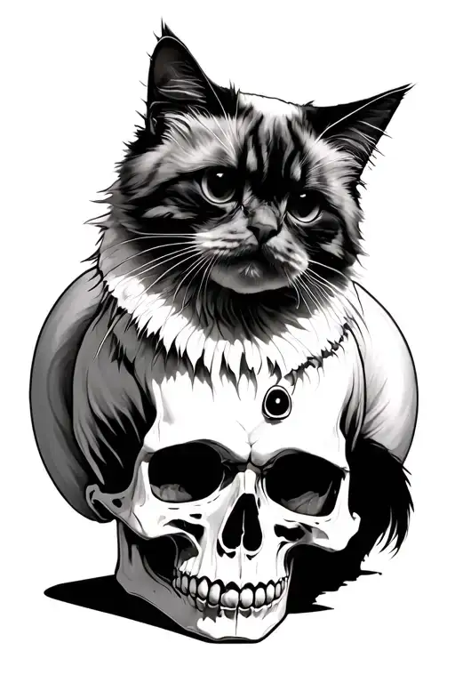 ragdoll cat face, ghoul / zombie / undead style design, sitting on a anatomic skull tattoo design idea