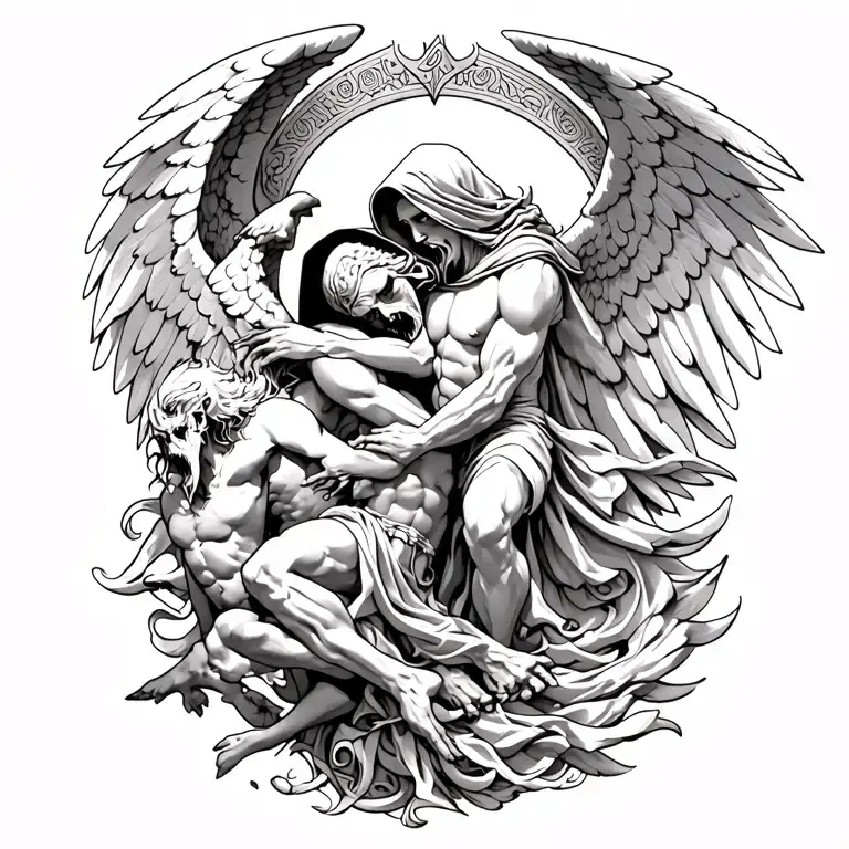 hooded arch angel defeating a demon tattoo design idea