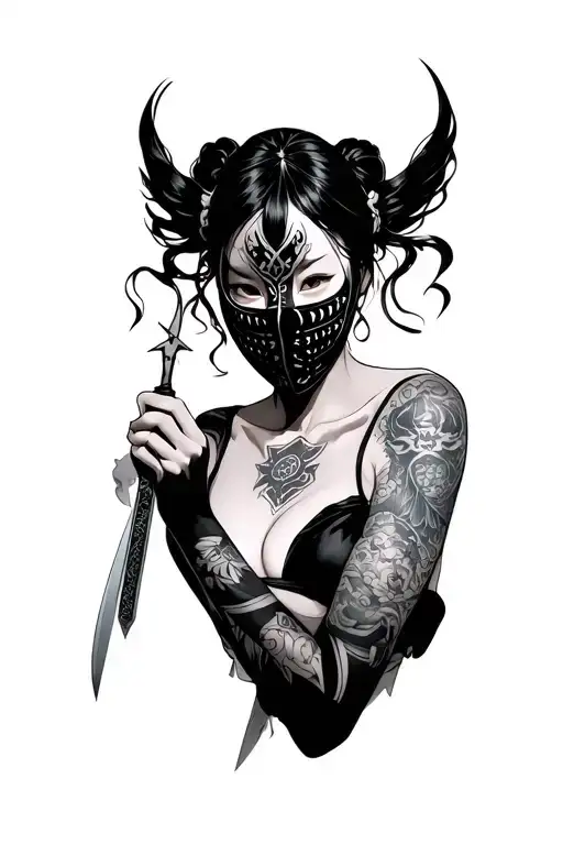asian woman holding a mask and a shuriken, her hands crossed, the mask covering her face tattoo design idea