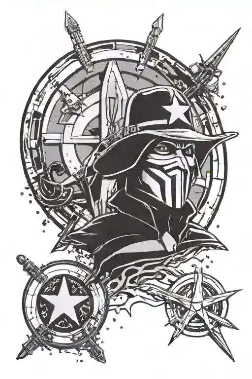 the "V" from "V for Vendetta", Captain America's broken shield from Endgame, and the Star Wars rebel alliance logo  tattoo design idea