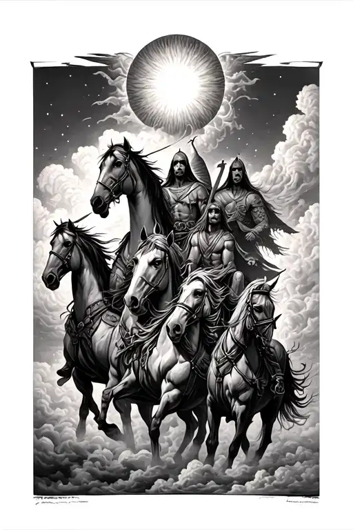 4 horsemen of the apocalypse with coulds and a sun  tattoo design idea