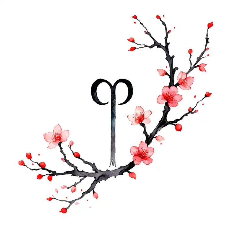 gemini symbol black vine with red cherry blossoms wrapped on it  tattoo design idea