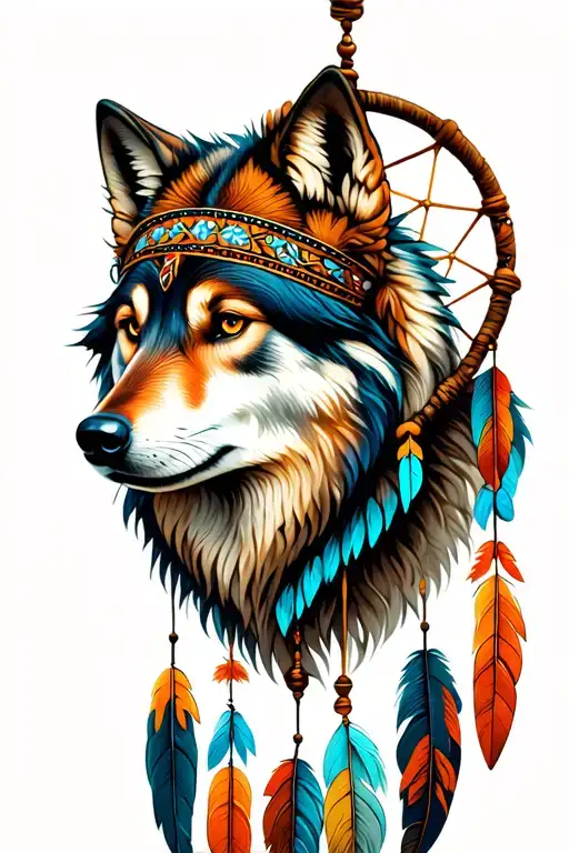 wolf in a dream catcher, with a headdress being worn tattoo design idea