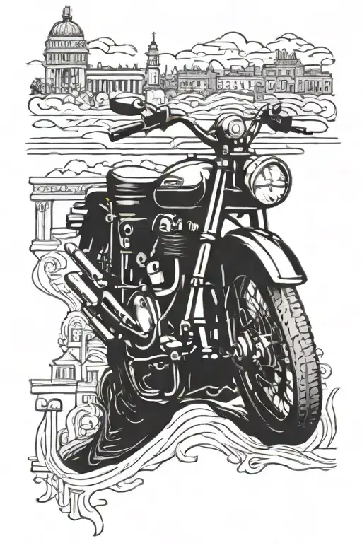 A vintage motorcycle with a backdrop of famous landmarks tattoo design idea