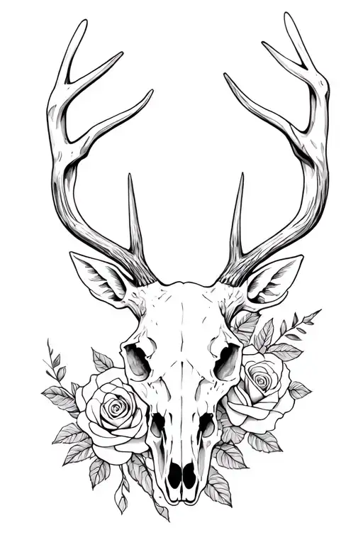 deer skull and rose intertwined tattoo design idea