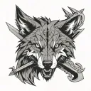 geometric snarling wolf head with 2 swords going tattoo design idea