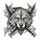 geometric snarling wolf head with 2 swords going tattoo design idea