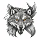 geometric snarling wolf head with 2 swords going tattoo design idea