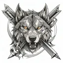 geometric snarling wolf head with 2 swords going tattoo design idea