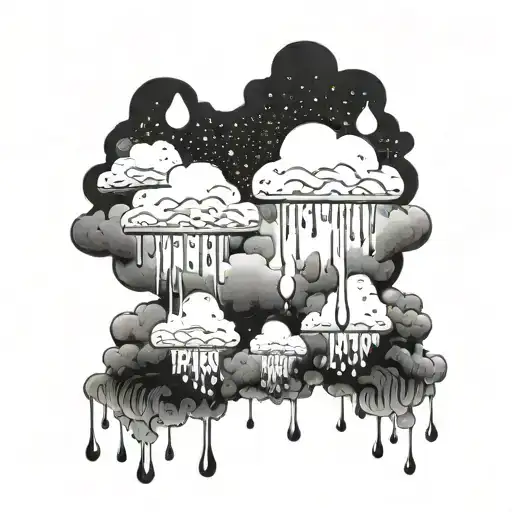 A surreal tattoo of raindrops falling from the clouds, each drop with a pair of eyes looking down tattoo design idea