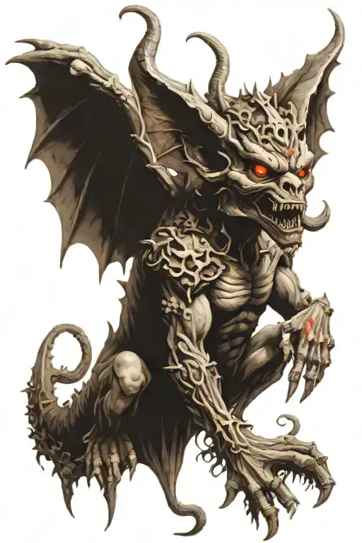 A gothic gargoyle demon with a mountain of skulls at the bottom. tattoo design idea