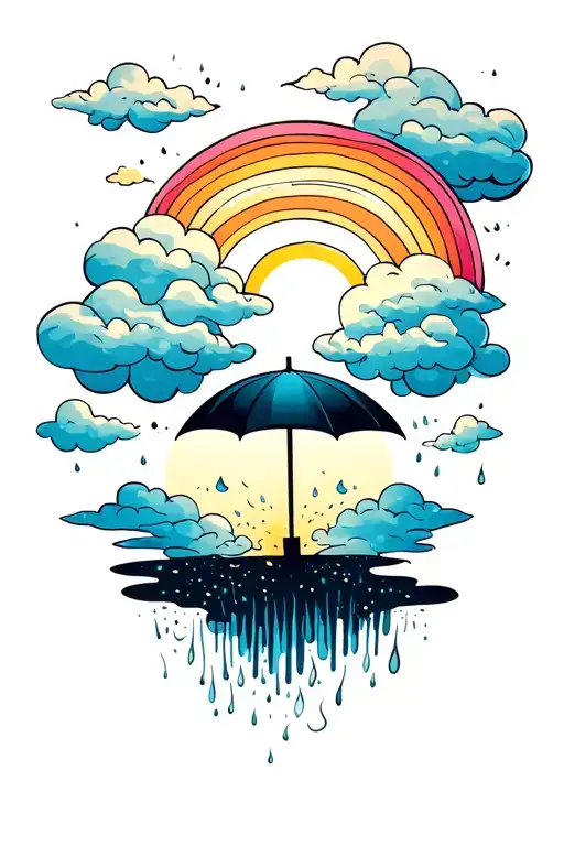 A sun peeking out from behind fluffy clouds, a soft rainbow appears as rain falls down on a single umbrella, no people tattoo design idea