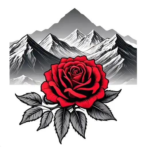 mountains, red rose, Himalayan prayer flags tattoo design idea