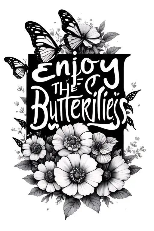 the quote 'enjoy the butterflies' but all letters are vertical and it's surrounded with flowers tattoo design idea
