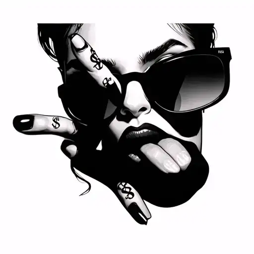 Sexy baddie girl tattoo, tongue out, sunglasses, middle finger, tattoos on fingers ("f#ck", $), cheeky & dangerous, reea tattoo design idea