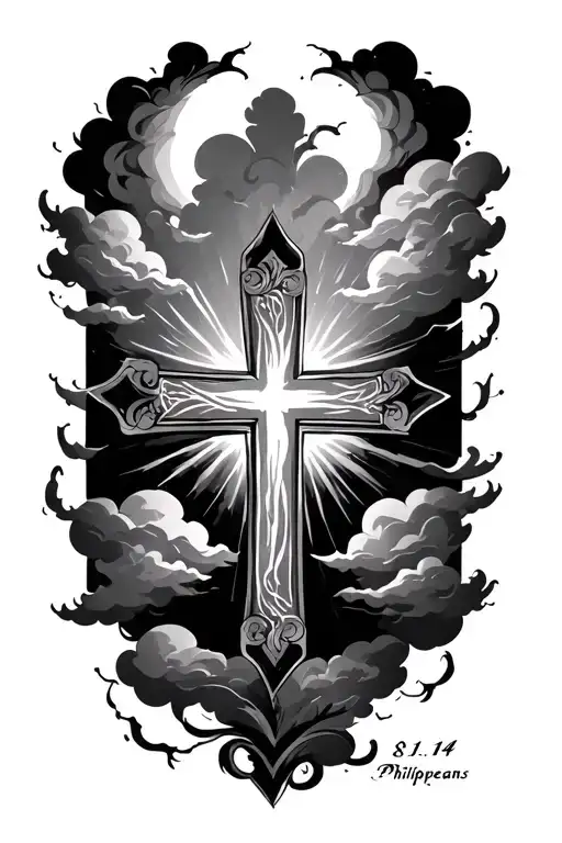 make a  tatoo with a cross and clouds surrounding and philipeans 3:14 tattoo design idea