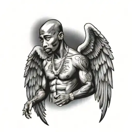 standing 2pac with spread angel wings tattoo design idea