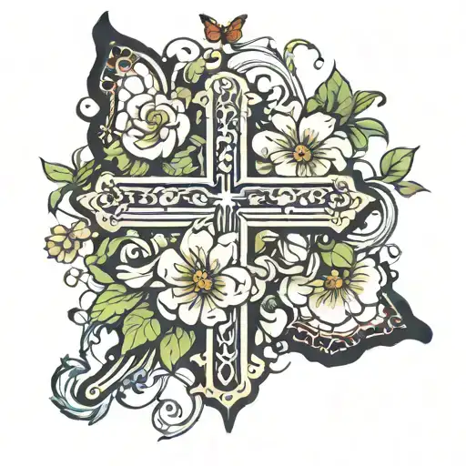 a lower half sleeve tatto with flowers and butterflies and a cross with vines tattoo design idea