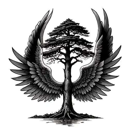 lebanese cedar tree in the middle and 2 wings on the side  tattoo design idea