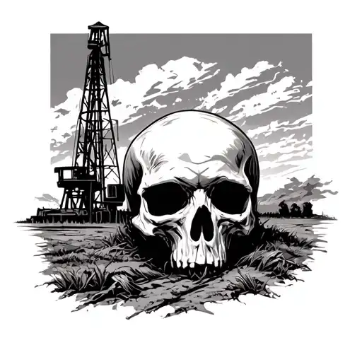 An oilfield landscape with a skull hidden in the background tattoo design idea