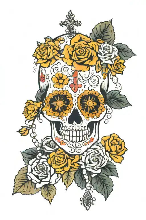 Sugar skull, rosary, marigold, Unable are the loved to die, for love is immortality tattoo design idea