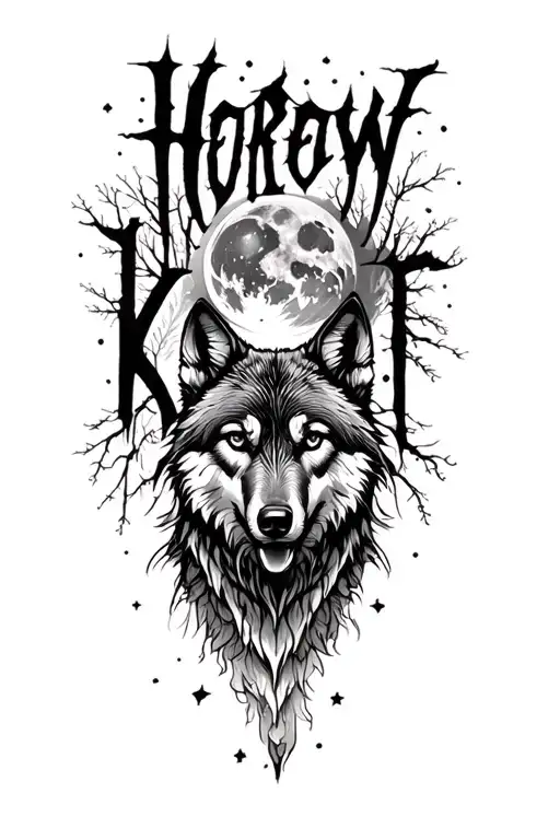 wolf, moon, mountaint, snow tattoo design idea