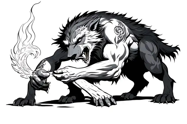 Fenrir biting Tyr's hand. show tyrs whole body crouching holding tyrfing tattoo design idea