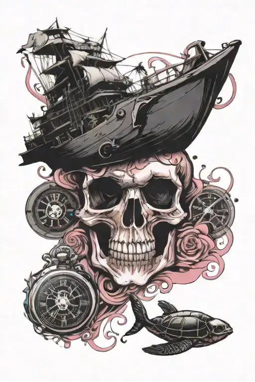 pink skull linework underlay, pirate ship sailing in ocean with pocket watch fallen overboard and turtles to bottom tattoo design idea