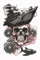 pink skull linework underlay, pirate ship sailing in ocean with pocket watch fallen overboard and turtles to bottom tattoo design idea