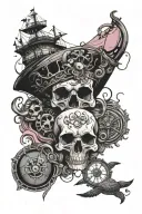 pink skull linework underlay, pirate ship sailing in ocean with pocket watch fallen overboard and turtles to bottom tattoo design idea