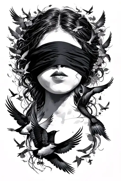 Blindfolded Eye + Birds Flying Around tattoo design idea