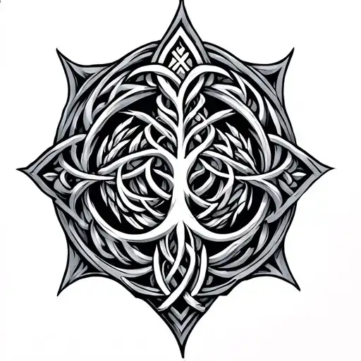 Nordic Yggdrasil with intertwined tribal around it tattoo design idea