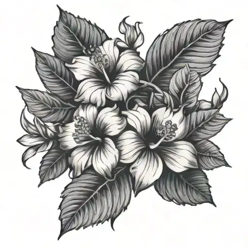 a tattoo that flows of bouquet consisting of hibiscus flowers, jungle geraniums (ixora coccinea) and shameplant leaves.  tattoo design idea