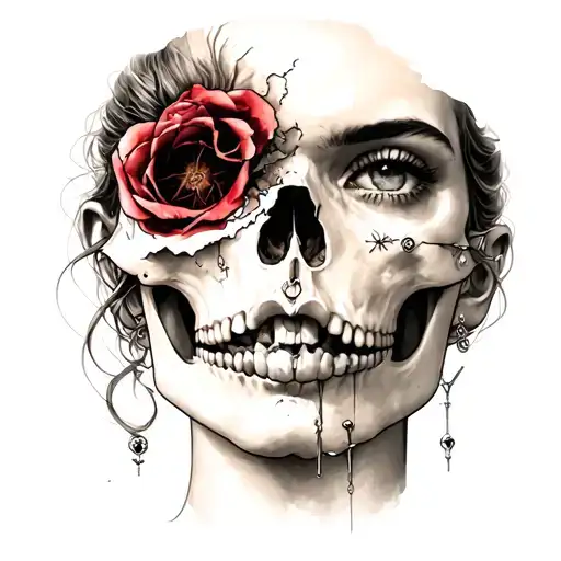Pretty woman's face with piercing of which a quarter of the face is torn off and reveals the skull tattoo design idea