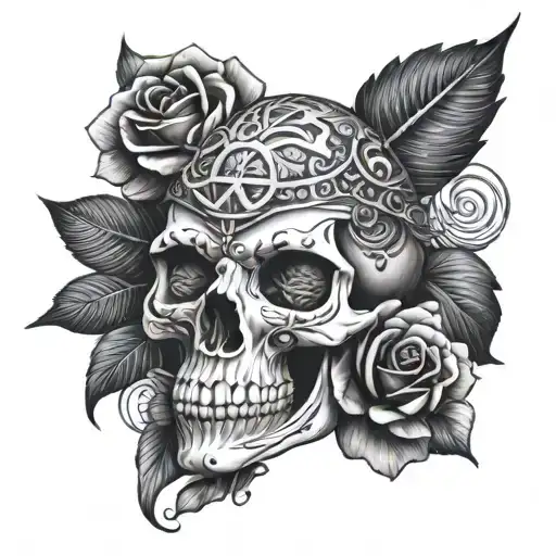 skull with roses underneath and the eye of horus on top tattoo design idea