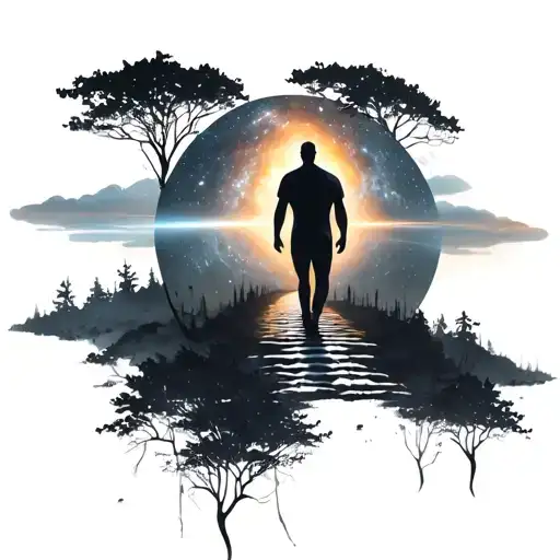 The silhouette of a man walking a path from earth to the universe/afterlife. Dead and live nature on each side of path tattoo design idea