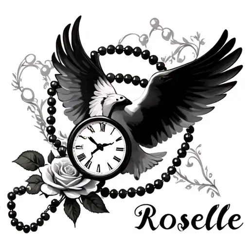 dove flying rose rosary beads clock baby name Roselle  tattoo design idea