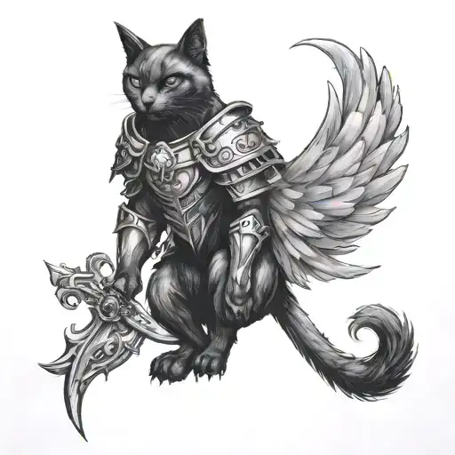 black cat angel warrior standing side by side tattoo design idea