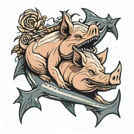 pig in a viel holding a sharks fin standing next to each other tattoo design idea