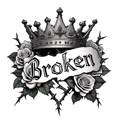 broken king crown surrounded with roses and thorns and the word broken intertwined in the roses and thorns tattoo design idea